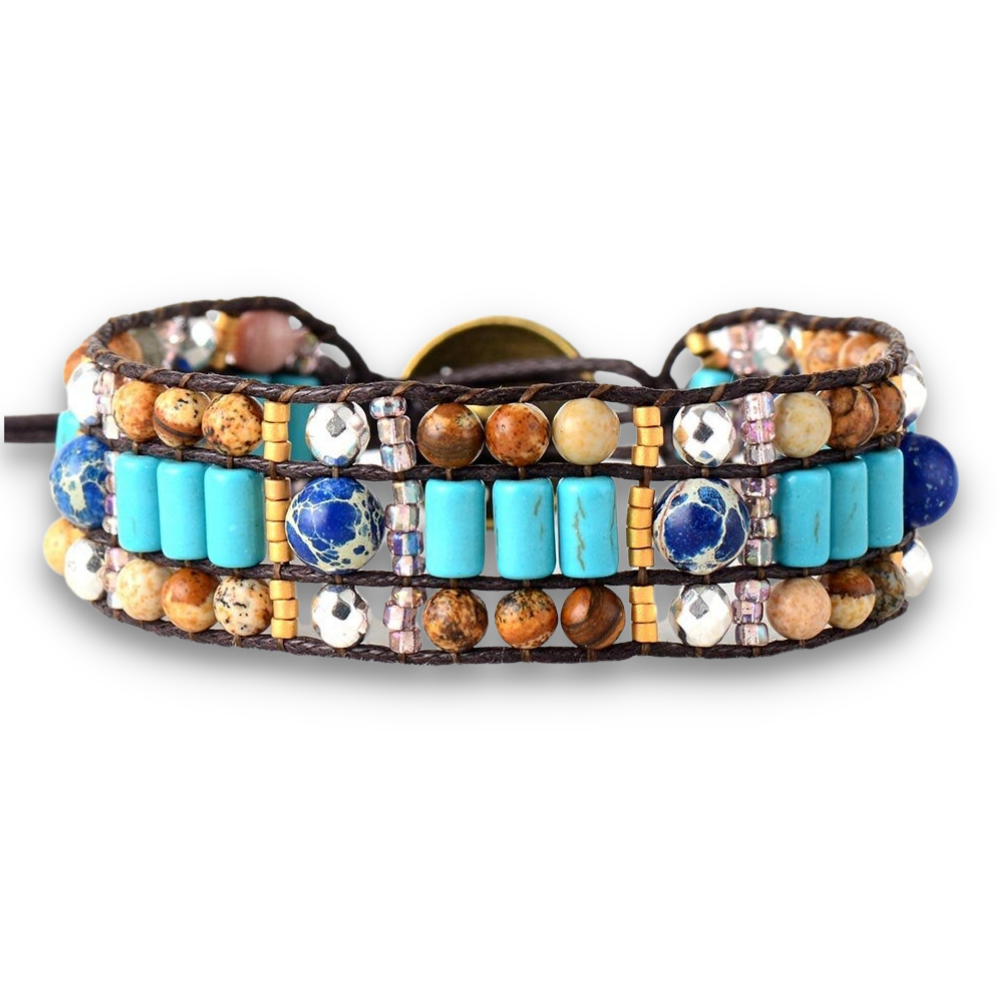 Bracelet Bohémien en Turquoise bleue et Jaspe "Sérénité & Bien être"