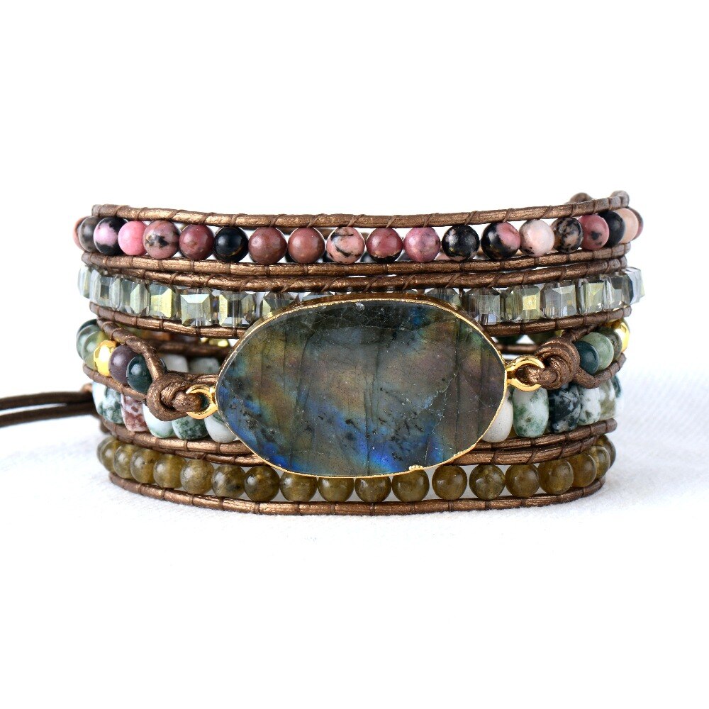 Bracelet Bohémien en Labradorite et Rhodonite "Protection & Développement"