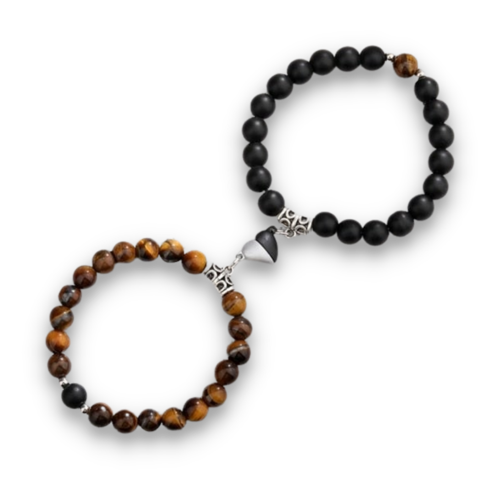 Double Bracelets Magnétique en Oeil de tigre et Onyx "Courage & Audace" - Coeur