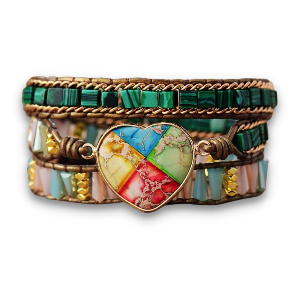 Bracelet Bohémien en Malachite et Jaspe "Protection & Clairvoyance" - Coeur