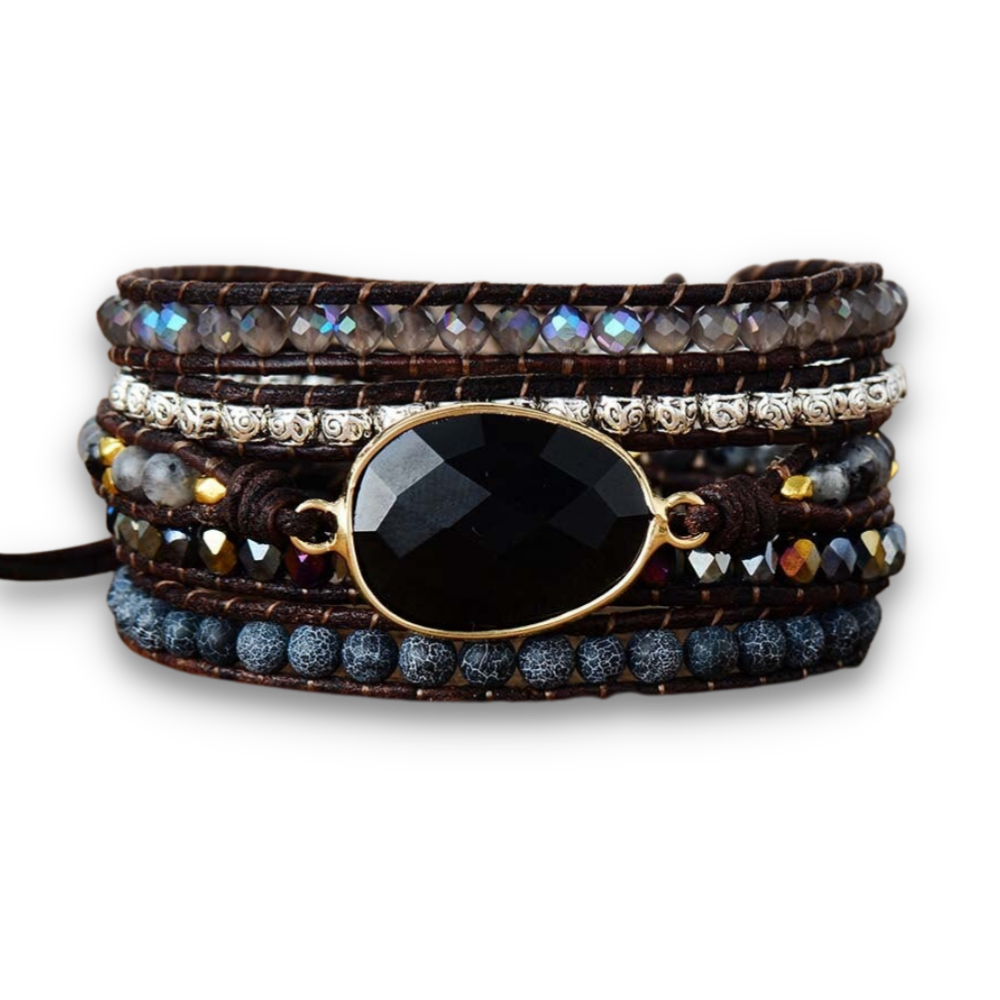 Bracelet Bohémien en Onyx et Quartz "Stabilité & Maîtrise de soi" - Cabochon