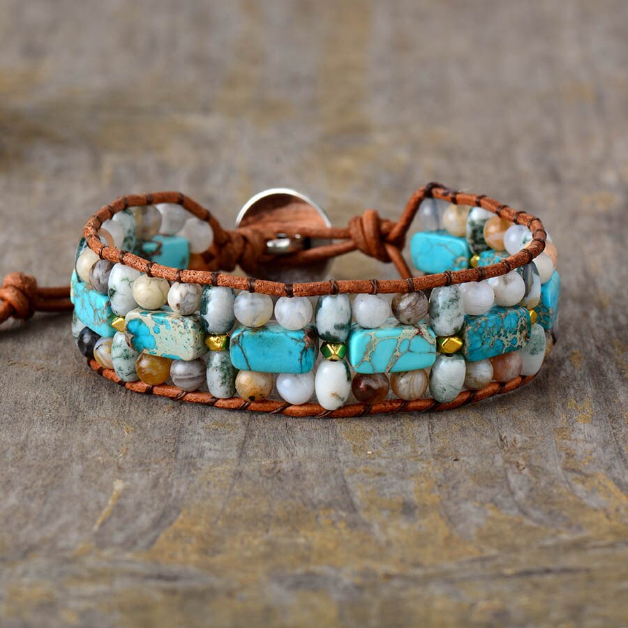 Bracelet Bohémien en Turquoise bleue et Jaspe "Sérénité & Bien être"