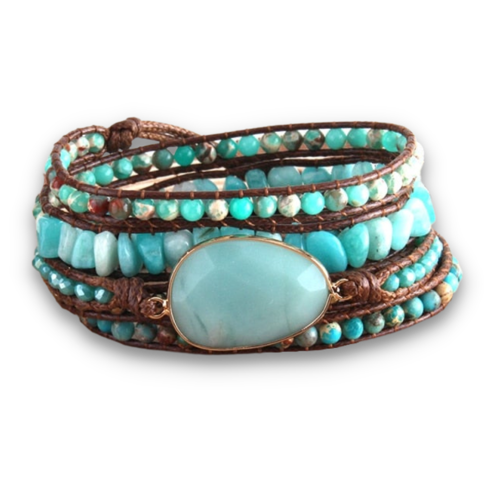 Bracelet Bohémien en Amazonite "Paix & Courage" - Cabochon