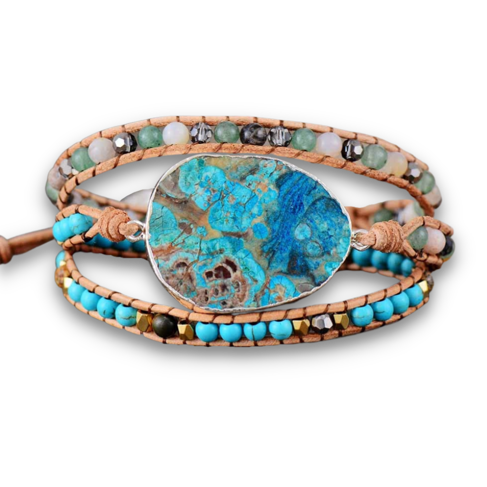 Bracelet Bohémien en Turquoise bleue et Jaspe "Sérénité & Bien être" - Cabochon