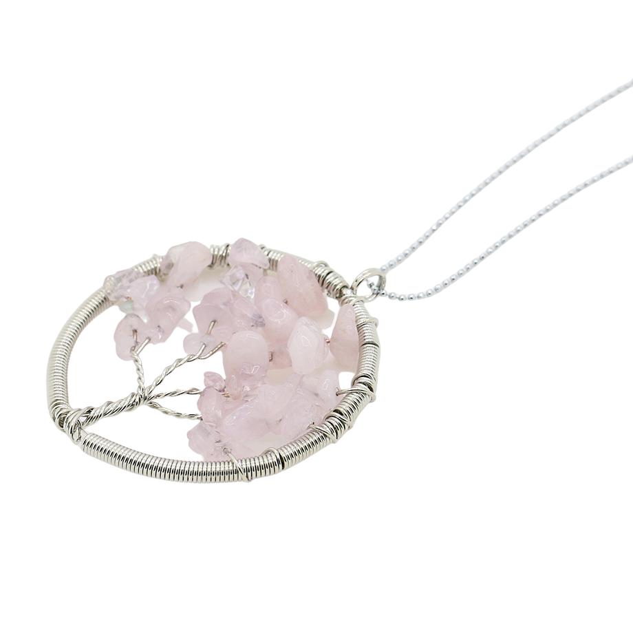 Chaîne et son Pendentif Reiki en Quartz rose "Amour & Confiance en soi" - Arbre de vie