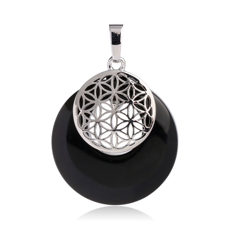 Pendentif Reiki en Agate noire "Persévérance & Protection" - Fleur de vie