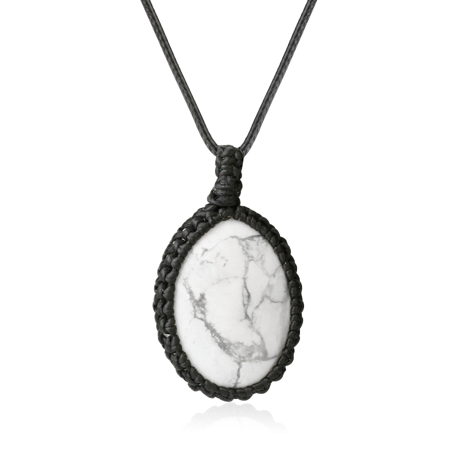 Cordon et son Pendentif en Turquoise blanche "Sagesse & Conscience" - Cabochon