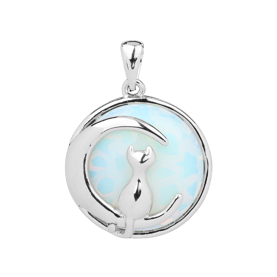Pendentif Porte Bonheur en Opale "Créativité & Spontanéité" - Chat au clair de lune
