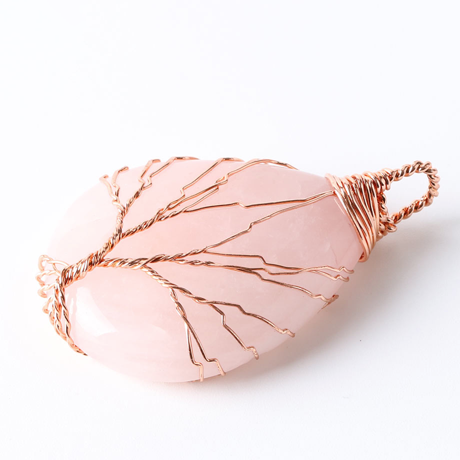 Pendentif Reiki en Quartz rose "Amour & Confiance en soi" - Goutte & Arbre de vie