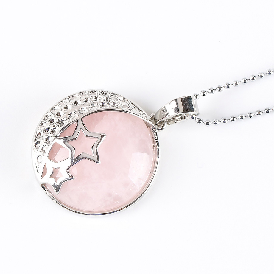 Chaîne et son Pendentif Reiki en Quartz rose "Amour & Confiance en soi" - Lune étoilée