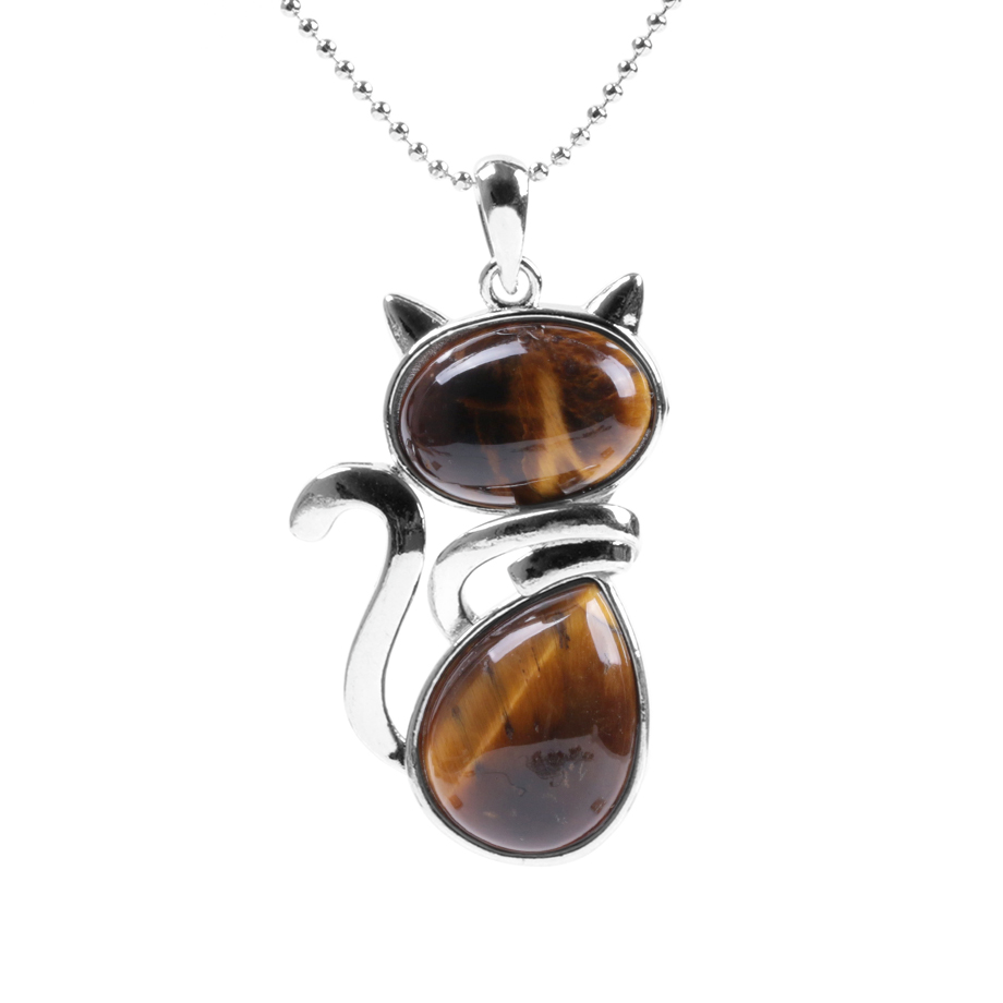 Chaîne et son Pendentif Reiki en Oeil de tigre "Courage & Audace" - Chat