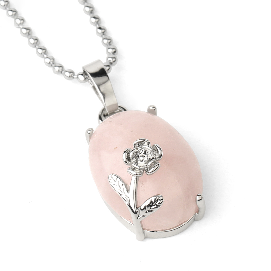 Chaîne et son Pendentif Reiki en Quartz rose "Amour & Confiance en soi" - Cabochon fleuri