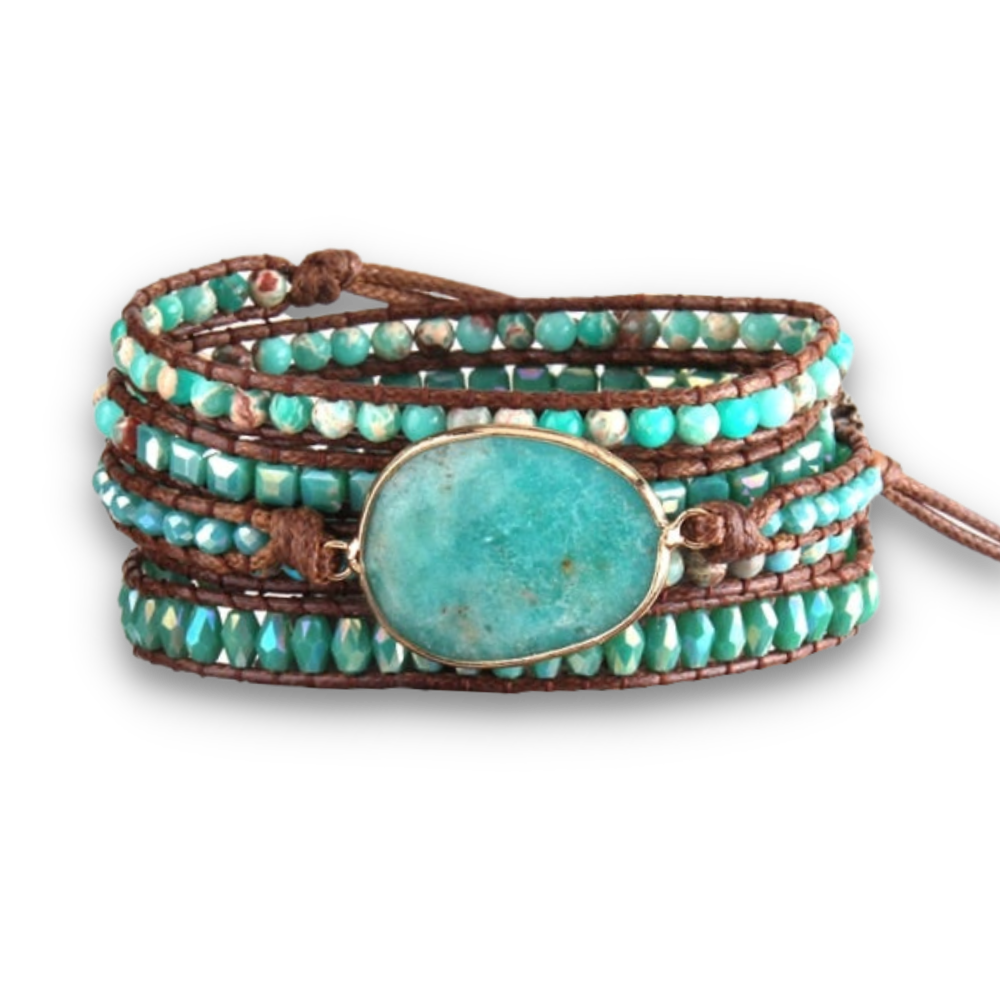 Bracelet Bohémien en Amazonite "Paix & Courage" - Cabochon