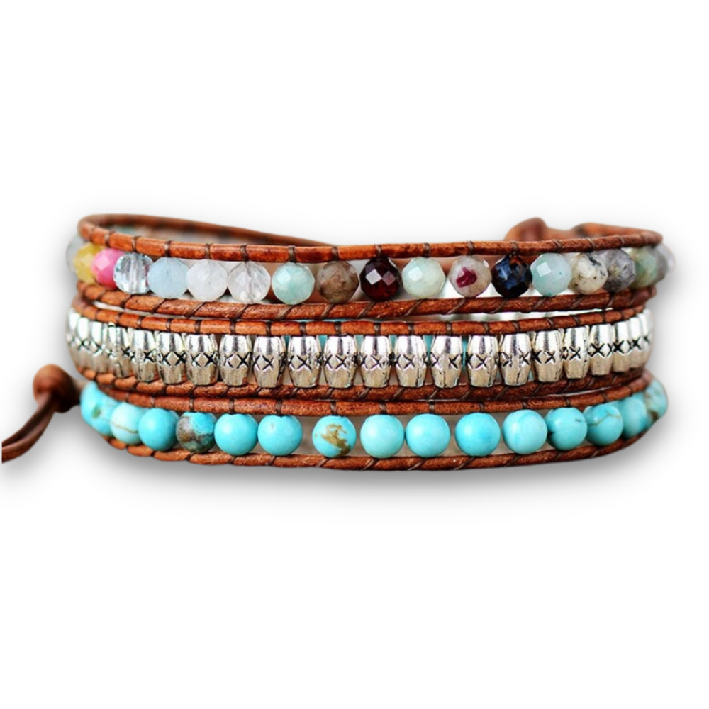 Bracelet Bohémien en Turquoise bleue et Quartz "Sérénité & Bien être"
