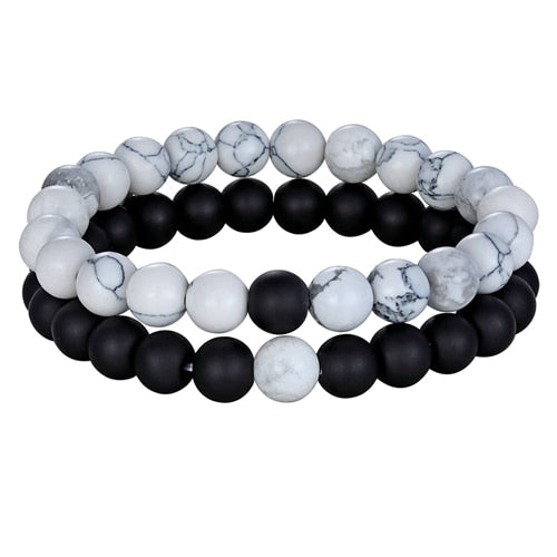 Double Bracelets Couple en Turquoise blanche et Onyx "Sagesse & Conscience"