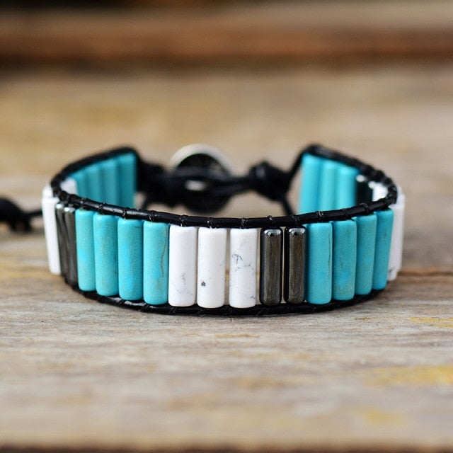 Bracelet Bohémien en Turquoise bleue et Turquoise blanche "Sérénité & Bien être"