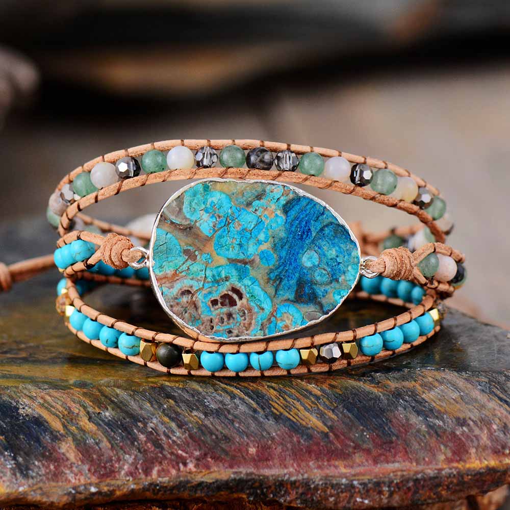 Bracelet Bohémien en Turquoise bleue et Jaspe "Sérénité & Bien être" - Cabochon