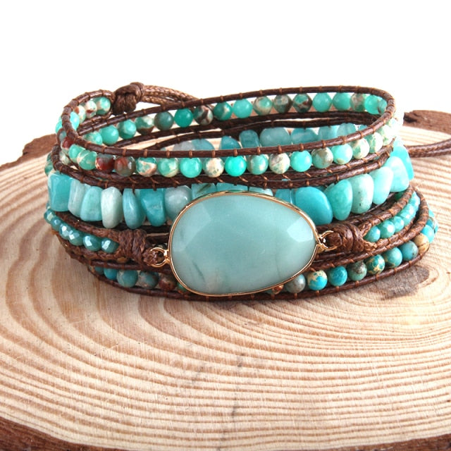 Bracelet Bohémien en Amazonite "Paix & Courage" - Cabochon