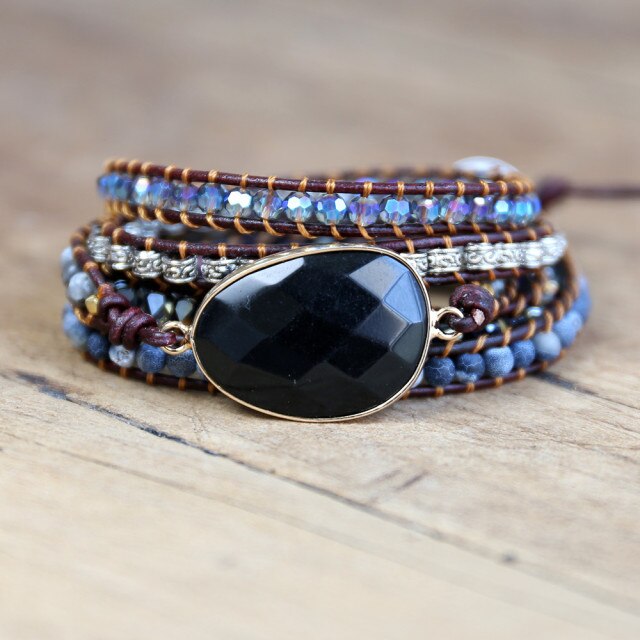 Bracelet Bohémien en Onyx et Quartz "Stabilité & Maîtrise de soi" - Cabochon