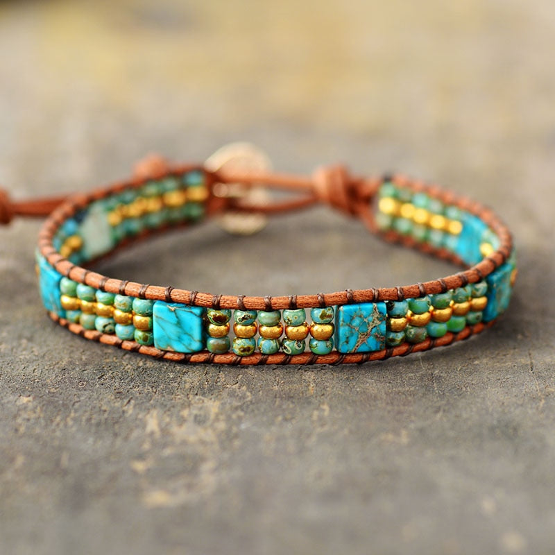 Bracelet Bohémien en Turquoise bleue et Jaspe "Sérénité & Bien être"