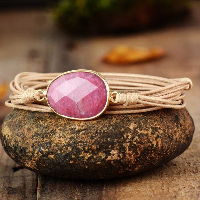 Bracelet Bohémien en Rhodonite "Amour & Bienveillance" - Cabochon