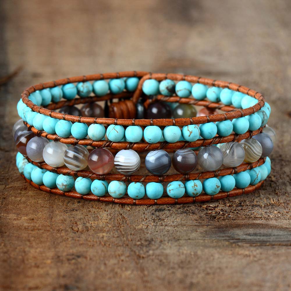 Bracelet Bohémien en Turquoise bleue et Jaspe "Sérénité & Bien être"
