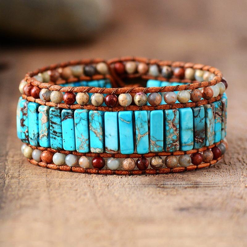 Bracelet Bohémien en Turquoise bleue et Jaspe "Sérénité & Bien être"