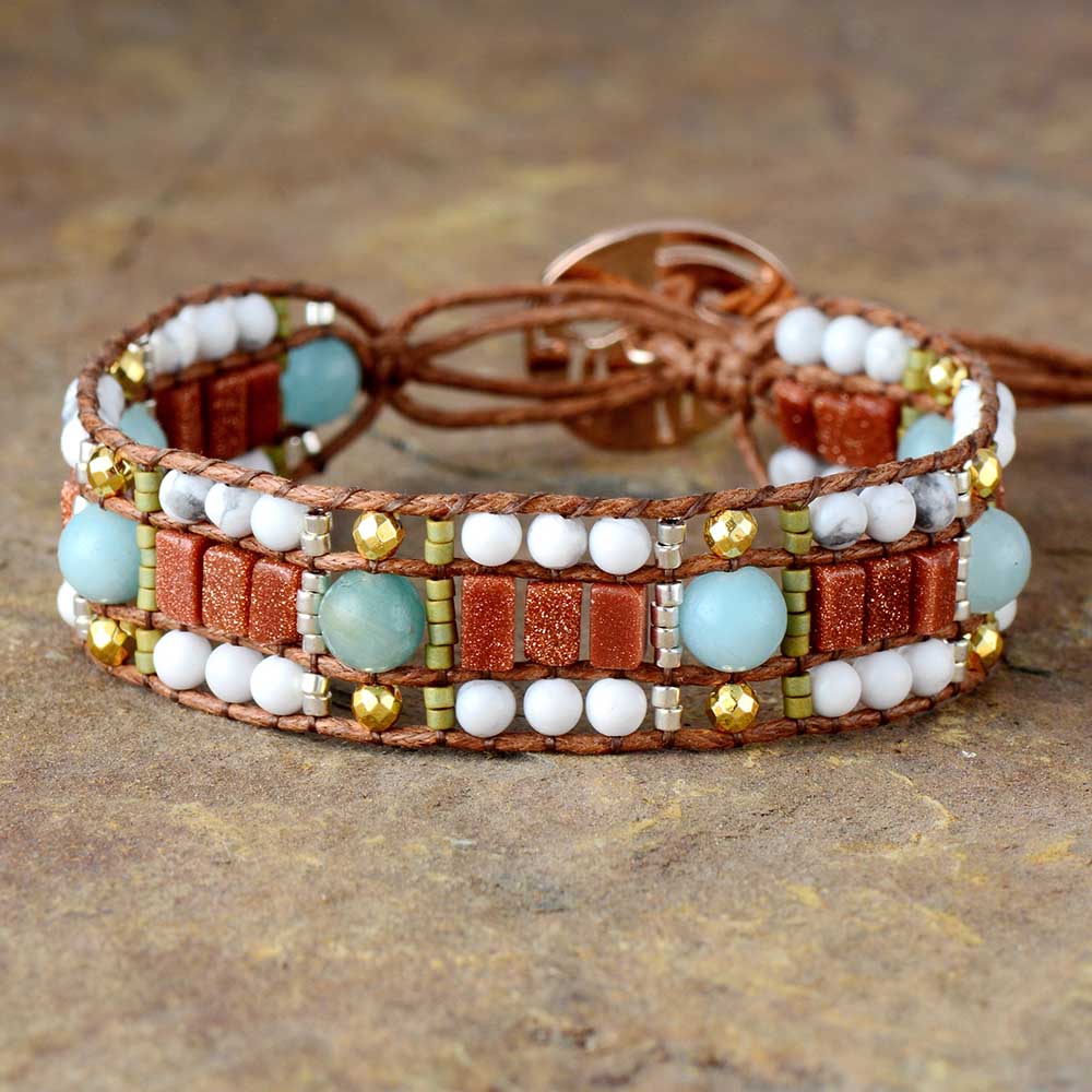 Bracelet Bohémien en Amazonite et Turquoise blanche "Paix & Courage"