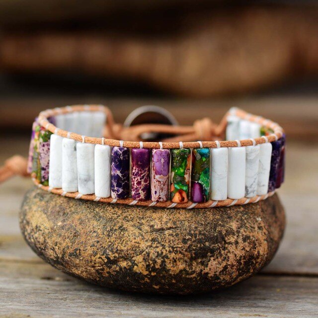 Bracelet Bohémien en Turquoise blanche et Jaspe "Sagesse & Conscience"