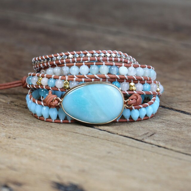 Bracelet Bohémien en Amazonite "Paix & Courage" - Cabochon