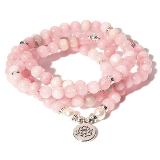 Bracelet Mala Yoga en Quartz rose - Le Confiant - Fleur de lotus