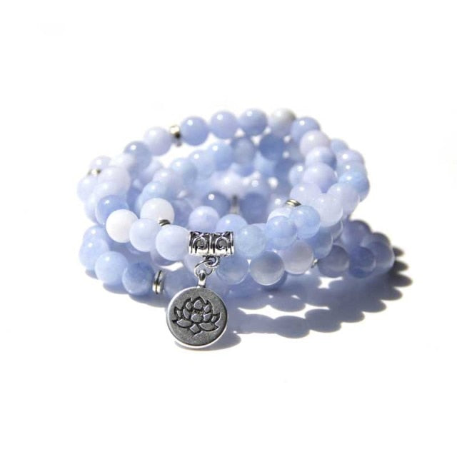 Bracelet Mala Yoga en Aigue Marine "Le Paisible" - Fleur de Lotus