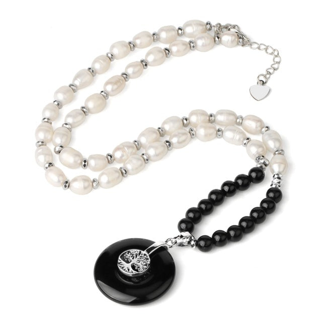 Chaîne et son Pendentif en Obsidienne et Perle "Protection & Réconfort" - Arbre de vie
