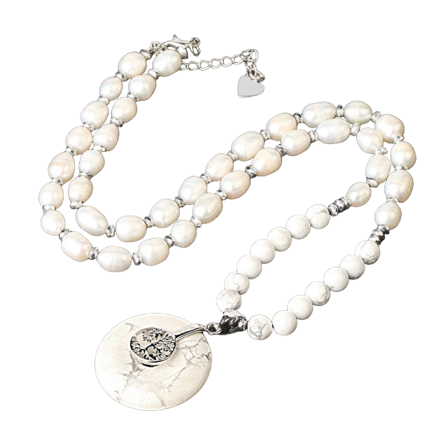 Chaîne et son Pendentif en Turquoise blanche et Perle "Sagesse & Conscience" - Arbre de vie