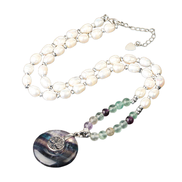 Chaîne et son Pendentif en Fluorite et Perle "Stabilité & Clairvoyance" - Arbre de vie