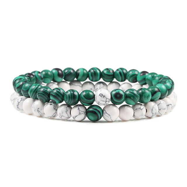 Double Bracelets Couple en Malachite et Turquoise blanche "Protection & Clairvoyance"
