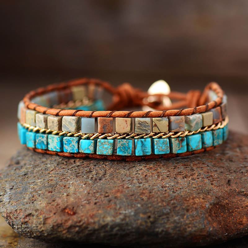 Bracelet Bohémien en Turquoise bleue et Jaspe "Sérénité & Bien être"