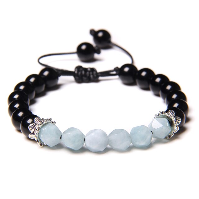 Bracelet en Aigue Marine et Onyx "Paix & Sérénité" - Ajustable
