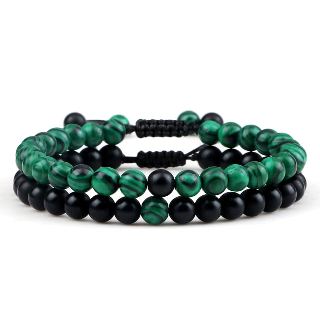 Double Bracelets Yoga en Malachite et Onyx "Protection & Clairvoyance"