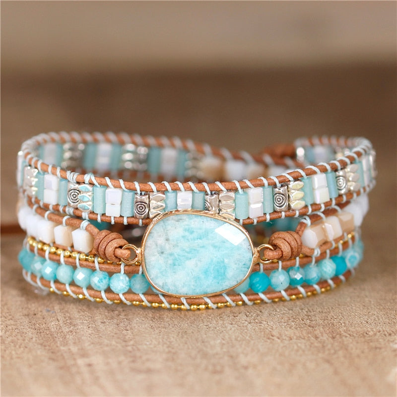 Bracelet Bohémien en Amazonite "Paix & Courage" - Cabochon